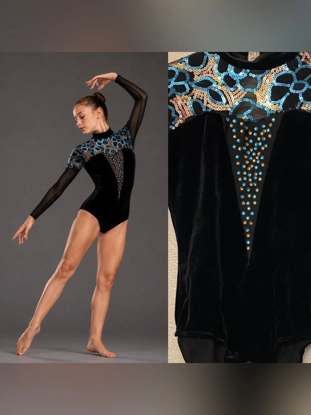 Glamour dance costume leotard black blue velvet mesh sleeves LC large child